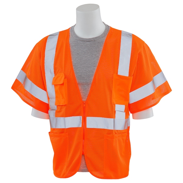 Erb Safety Safety Vest, Mesh, Short Sleeve, Class 3, S6633P, Hi-Viz Orange, LG 62361